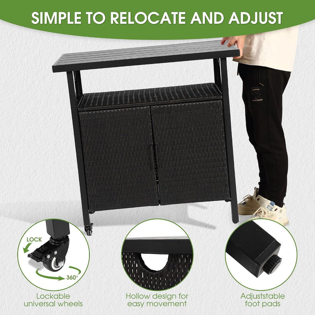 HOMEFUN Outdoor Bar Table Featuring Storage Cabinet: Wheeled Patio Serving Carts, Wicker Grill Cart Prep Station & Rolling Kitchen Island for Patio, Backyard and Outside Use, in Black