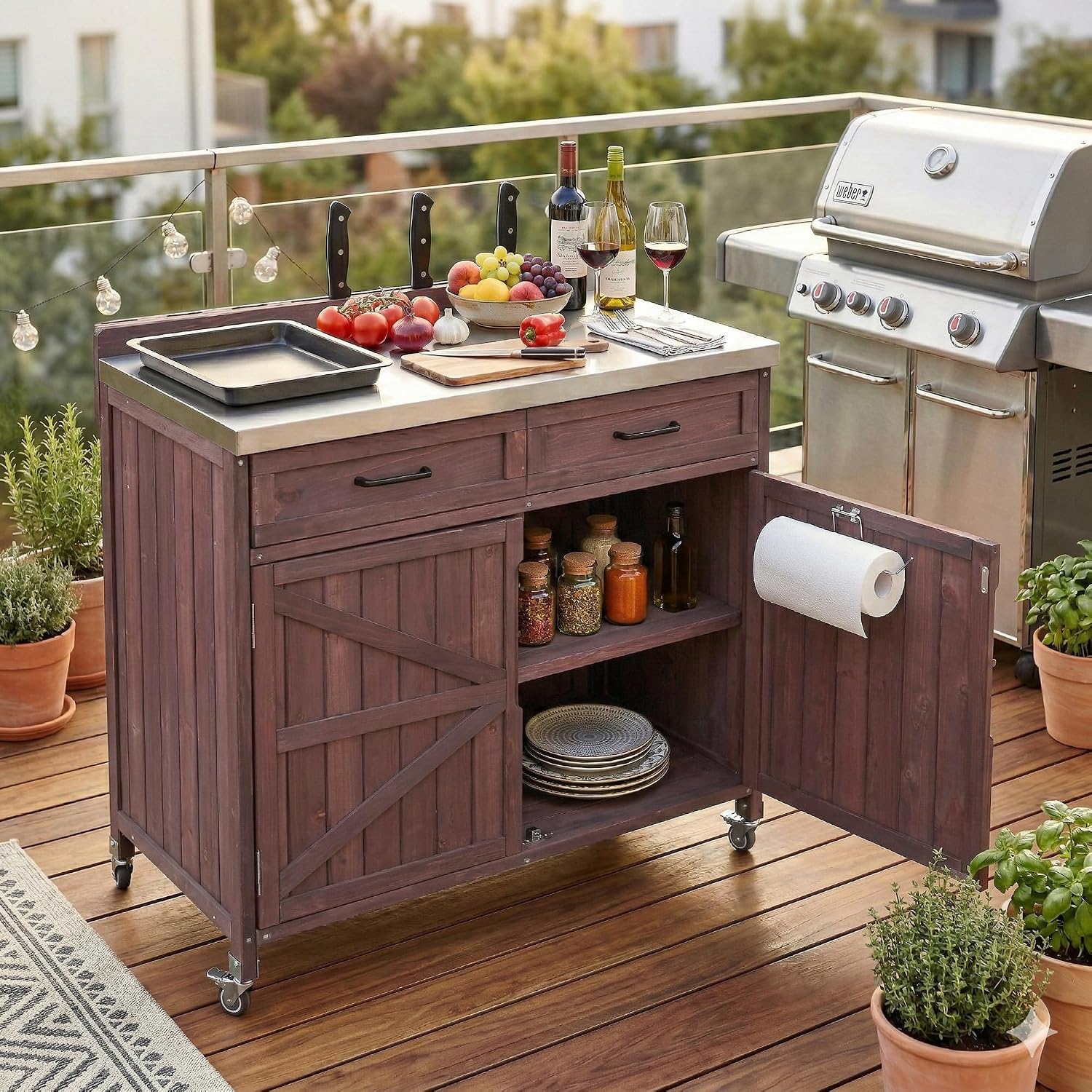 LUMISOL Outdoor Grill Cart with Stainless Steel Top, Outdoor Rolling Kitchen Island with Drawer & Adjustable Shelves, 39.4' Farmhouse Kitchen Cart with Internal Storage Racks & 4 Wheels, Dark Brown