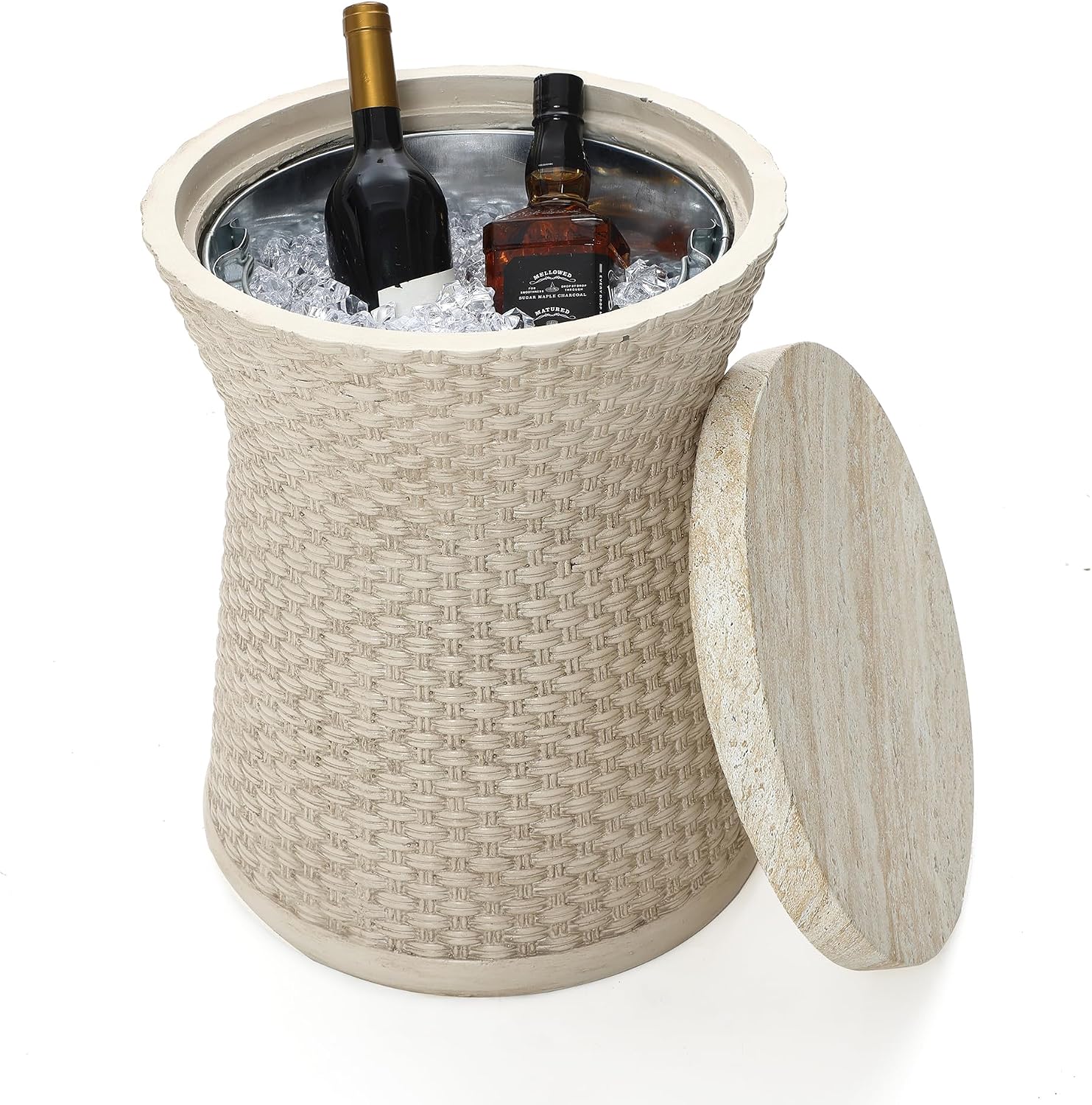LuxenHome 18.5' Woven Texture Outdoor Side Table with Storage, Round Patio Table with Ice Bucket for Garden, Balcony