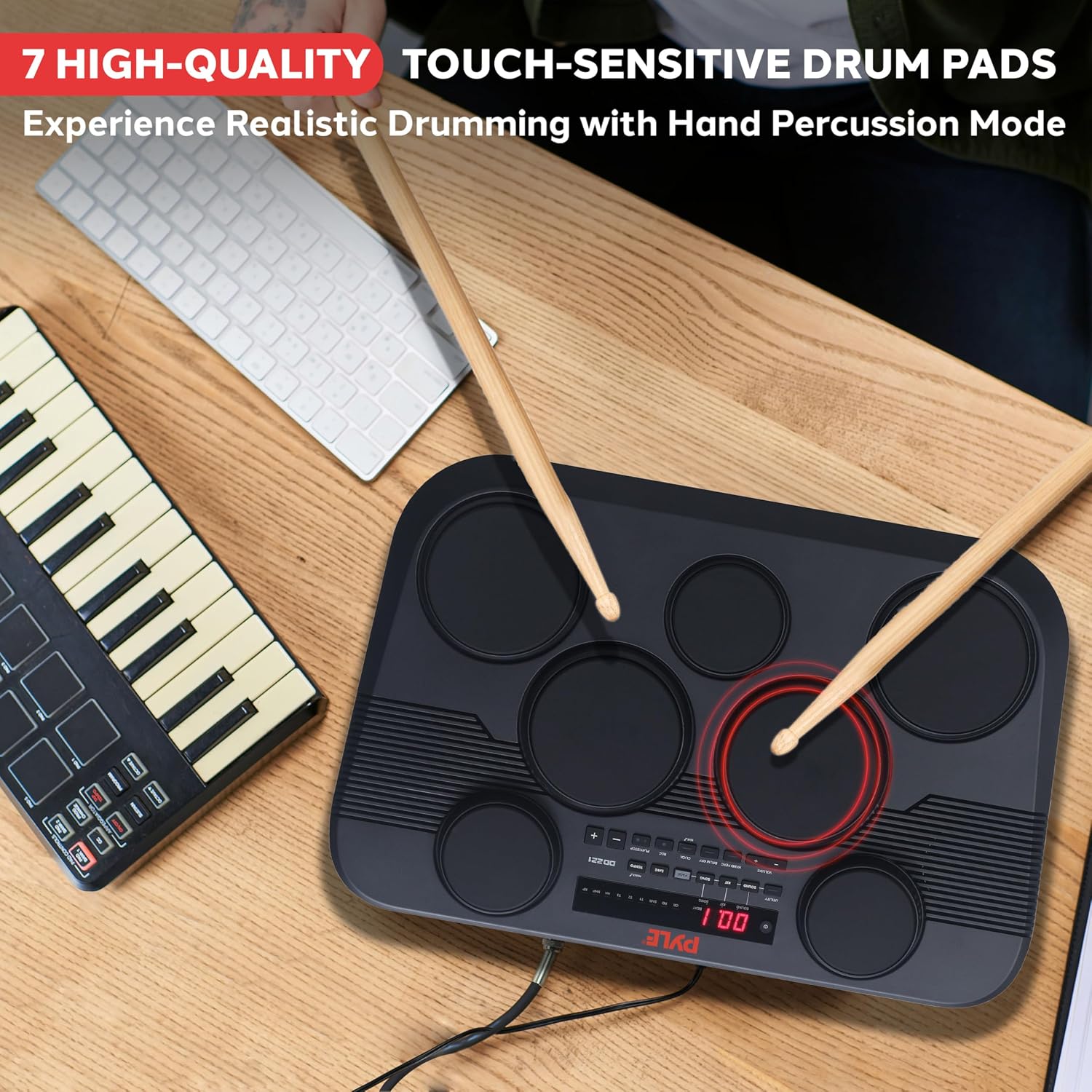 Pyle Electronic Tabletop Digital Drum Set, Compact Portable Drum Pad Kit w/ 7 Touch Sensitive Drum Pads and Pedals, 273 Sounds, USB & Headphone Outputs, MIDI/AUX Inputs, 4x5' Drums & 3x3.5' Cymbals