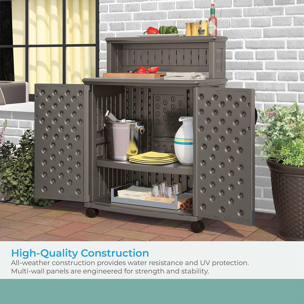 Suncast Patio Storage and Prep Station with 47-Gal. Cabinet, Adjustable Shelf, and Utensil Hooks, Outdoor Rolling Storage Cabinet and Grill Prep Table, Made in The USA