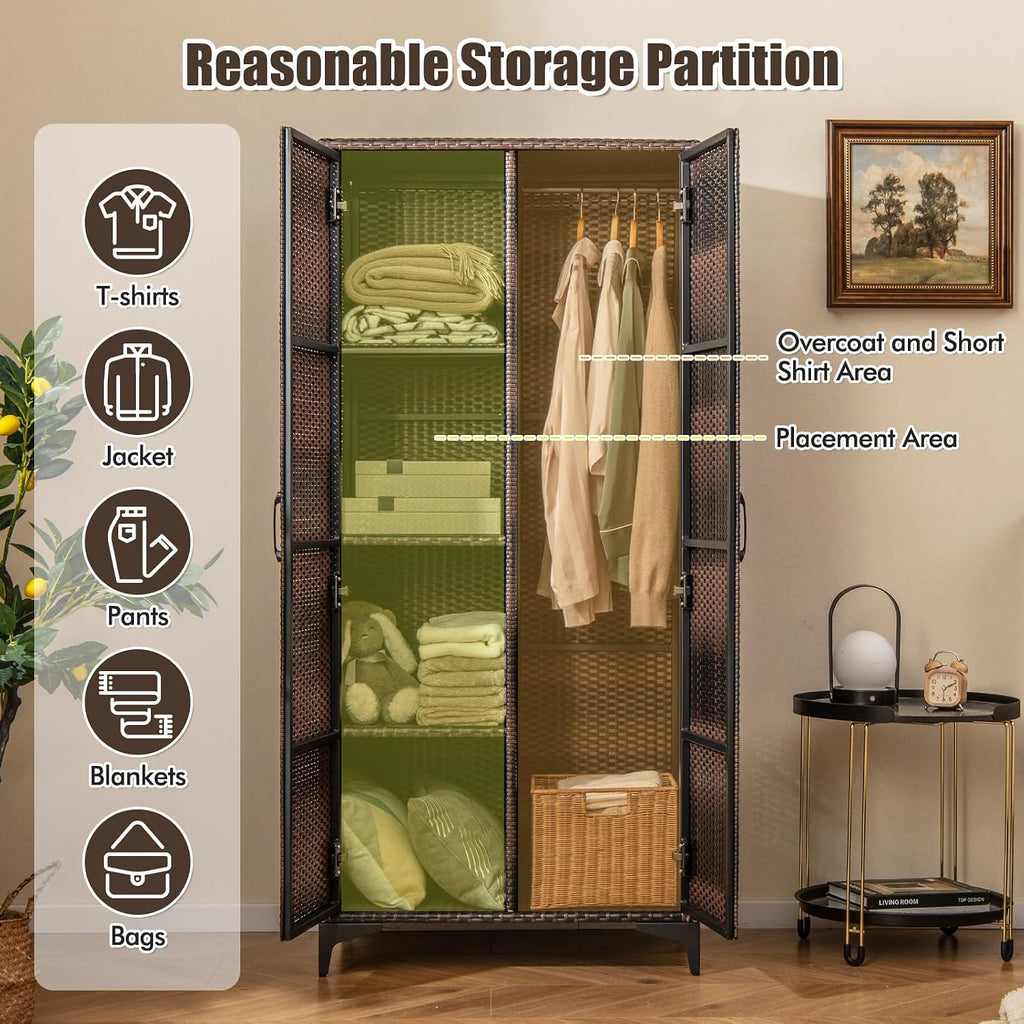 Giantex Wicker Storage Cabinet, 62' Tall Pantry Cabinet with 2 Doors, Hanging Rod, 4 Storage Cubes, Metal Legs, Anti-Tipping Device, PE Rattan Storage Cabinet for Home Office, Garage Cabinets (Brown)