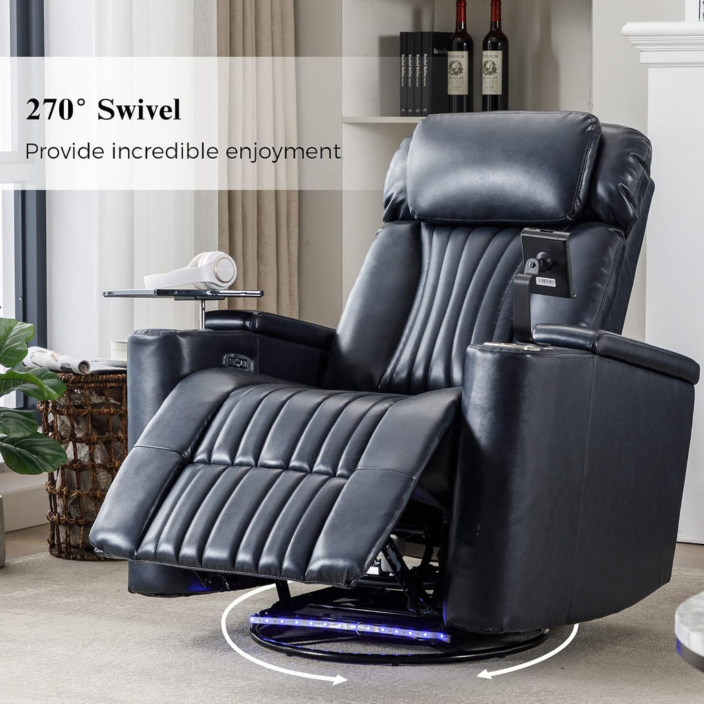 Merax 270 Degrees Power Swivel Recliner,Home Theater Seating with Hidden Arm Storage and LED Light Strip,Cup Holder,360 Degrees Swivel Tray Table,and Cell Phone Holder,Soft Living Room Chair,Blue