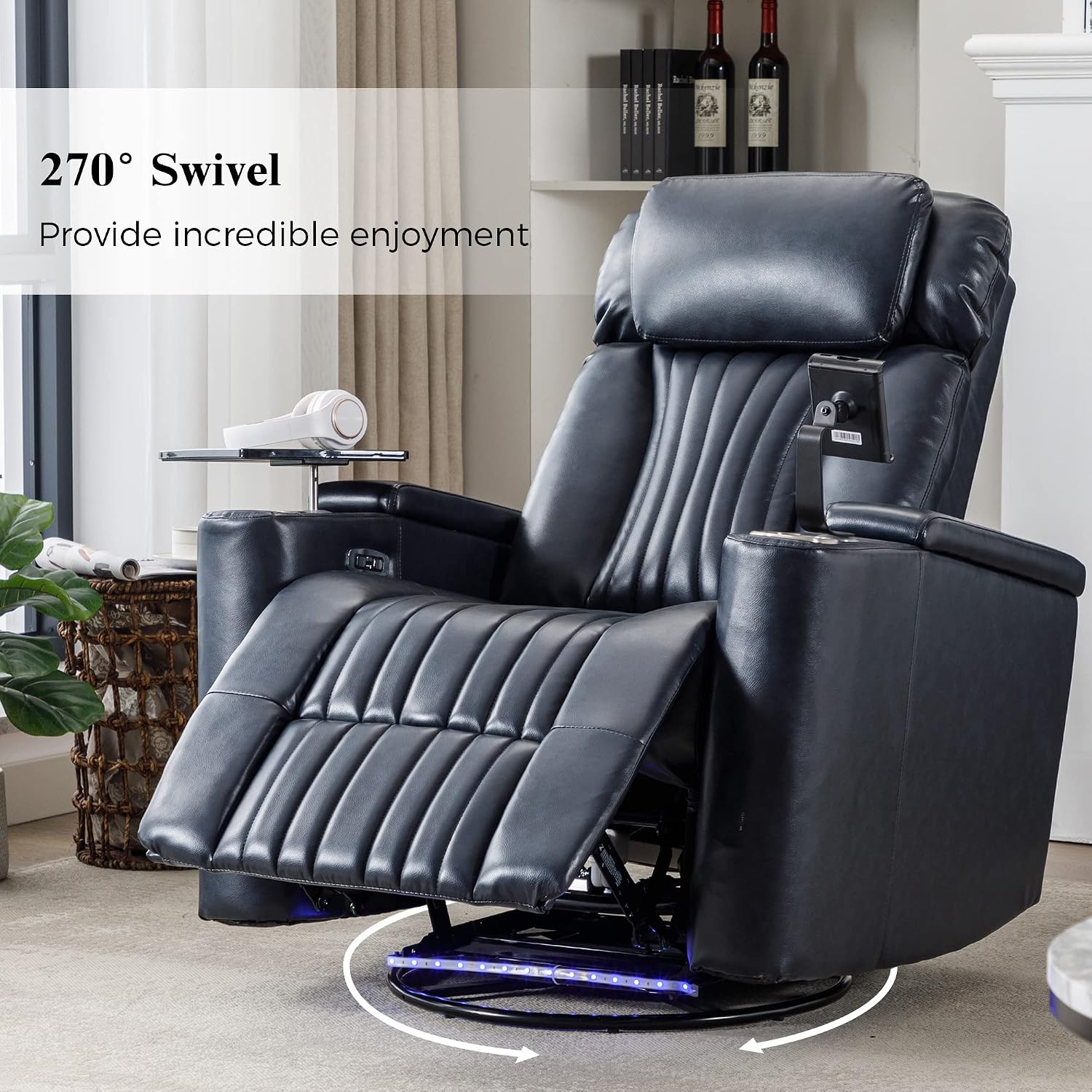 Merax 270 Degrees Power Swivel Recliner,Home Theater Seating with Hidden Arm Storage and LED Light Strip,Cup Holder,360 Degrees Swivel Tray Table,and Cell Phone Holder,Soft Living Room Chair,Blue