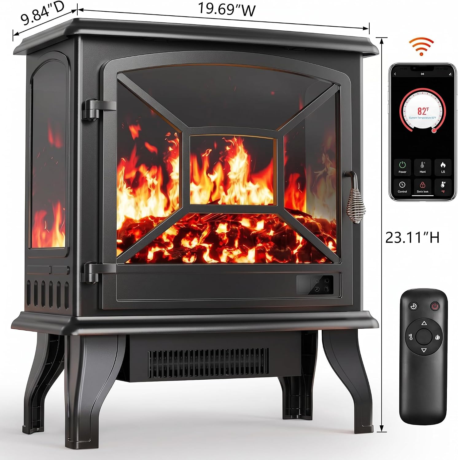 Silonn Electric Fireplace Heater, Quick Heating Portable Fireplace with App & Remote,24″ Electric Corner Fireplace Low Noise with 5 Brightness Levels,Temp Control & Timer for Living Room,Bedroom,Black