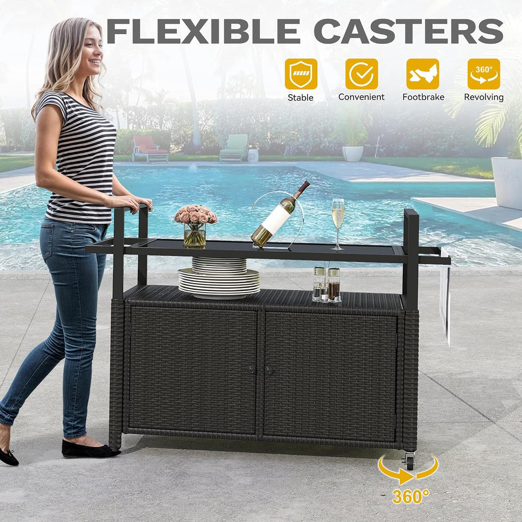 DWVO Patio Storage Cabinet,Outdoor Bar Cart with Glass Top,Outdoor Storage Table with Wheels for Patio, Poolside and Backyard,Black