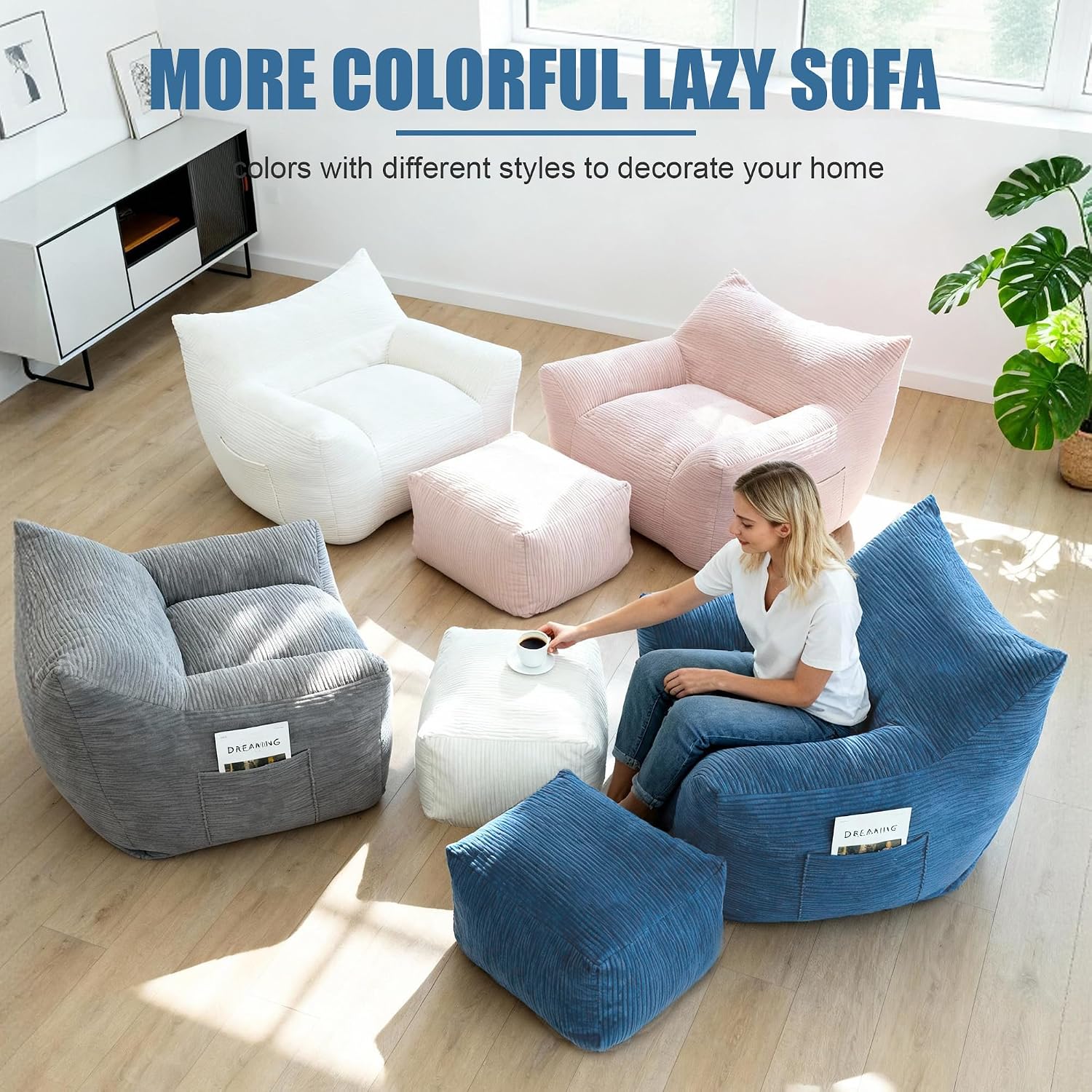 Giant Bean Bag Chair with Ottoman, Comfy Bean Bag Couch with 2 Side Pocket, Corduroy Boneless Couch Chair in a Box, Stuffed Lounge Floor Sofa for Dorm, Bedroom, Living Room, Blue