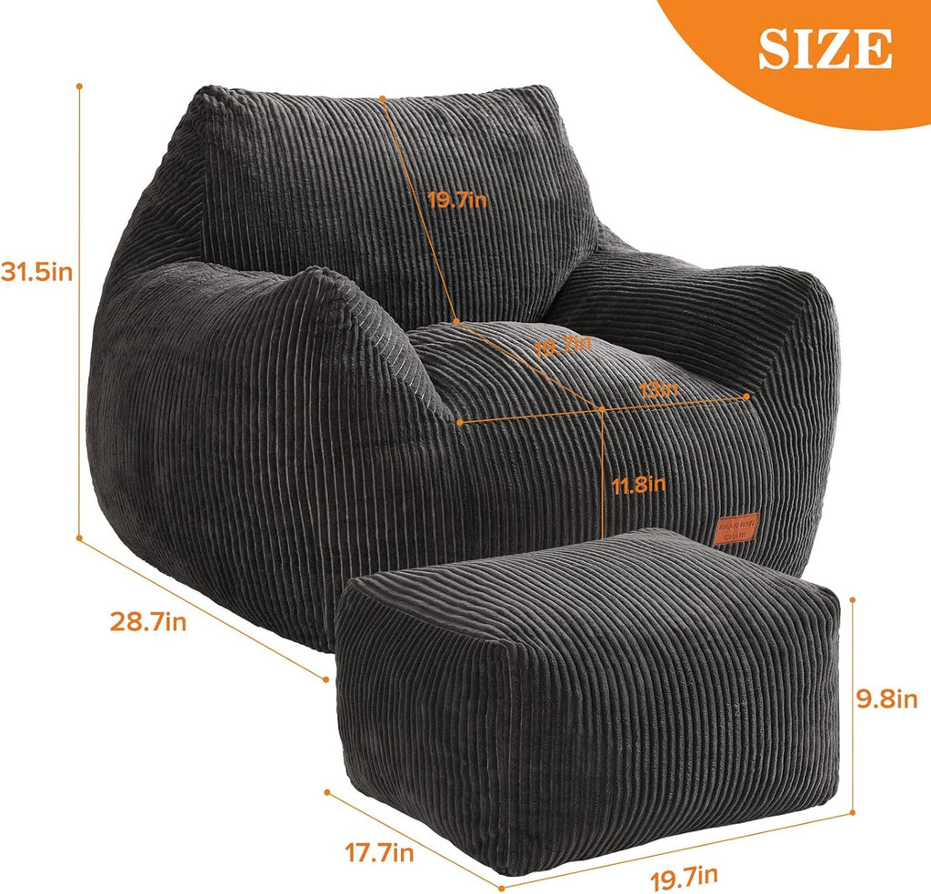 Big Bean Bag Chair for Adults, Ultra Soft Living Room Bean Bag with Armrests & Ottoman, Stuffed BeanBag Chair for Napping, Gaming, Vacuum-Compressed for Easy Gifting, 48h to Expand Dark Gray