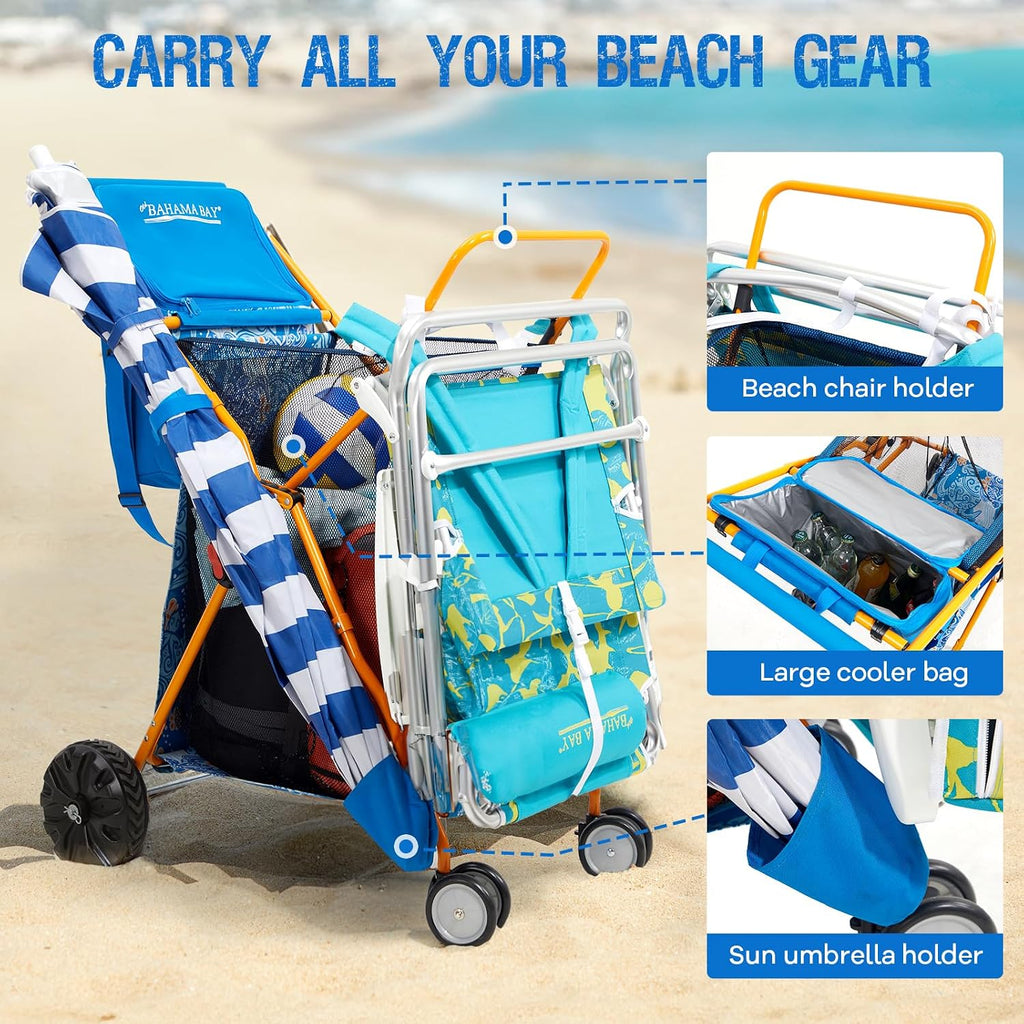 Old Bahama Bay Heavy-Duty Beach Cart with 100 lbs Capacity - Foldable Beach Wagon with Removable 20L Cooler Bag, Sand Chair Holder, Umbrella Stand & Large Mesh Basket for Beach, Camping, Picnic