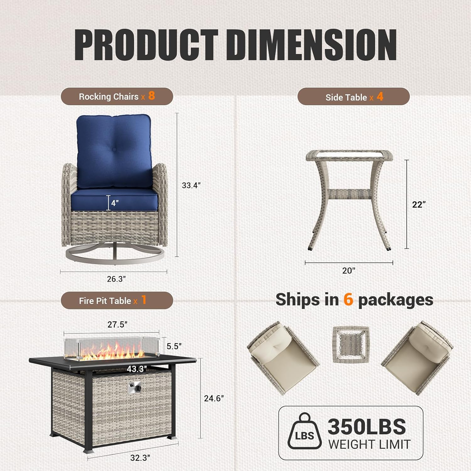 13Pcs Patio Rocking Swivel Chair with 55,000 BTU Fire Pit Table Outdoor Wicker Rattan Bistro Set with Tempered Glass Side Table, Outdoor Patio Furniture Set for Garden and Balcony, Blue