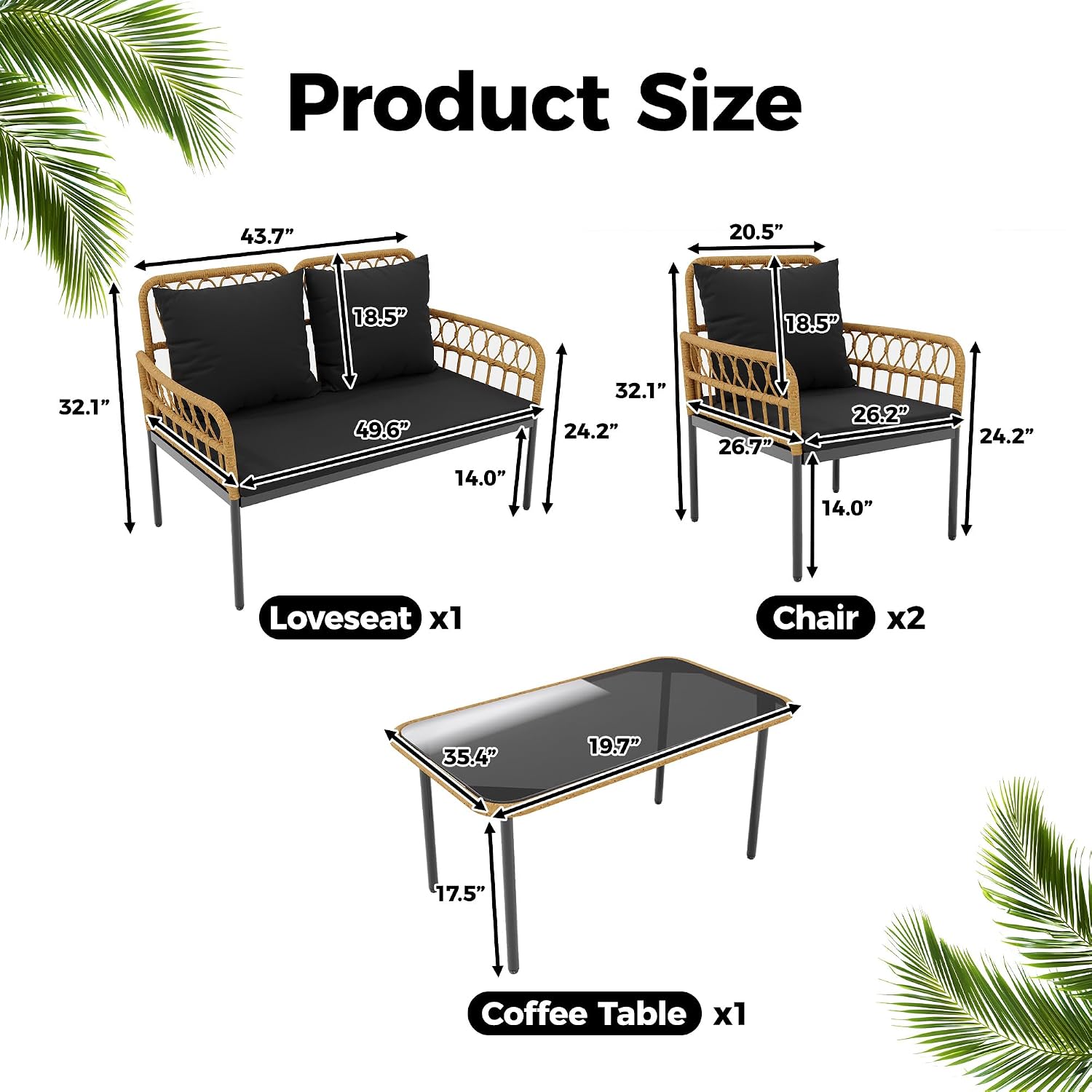 4 Pieces Outdoor Patio Furniture Set with Table - Rattan Balcony Furniture for Porch or Deck, Includes Chaise Lounge, 2 Armchairs with Cushions and Pillows for Porch Backyard Lawn Poolside Deck, Black