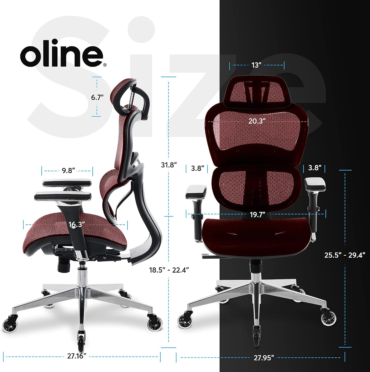 Oline ErgoPro Ergonomic Office Chair with 4D Adjustable Armrest, 3D Lumbar Support and Blade Wheels - Mesh Computer Gaming Rolling Desk Executive Swivel Home Chair (Burgundy Red)
