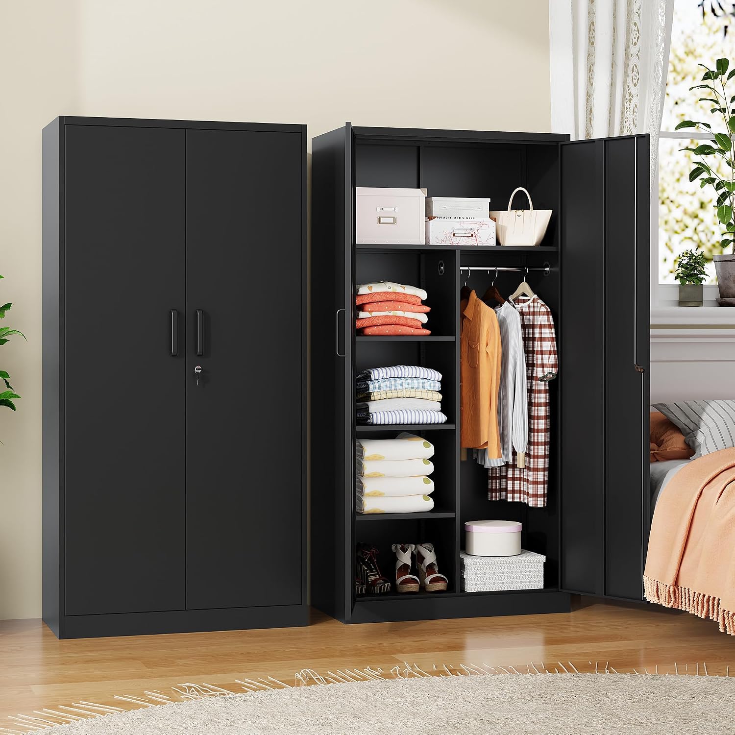 72' H Metal Garage Storage Cabinets, Lockable Broom Closet Cabinet with Hanging Rod & Doors, 5-Tier Steel Utility Cabinets for Garage, Laundry Room, Warehouse Storage, Black