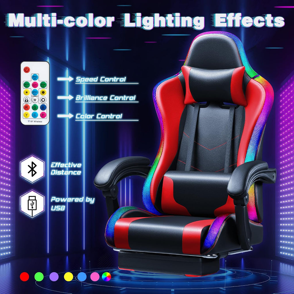 Shahoo Gaming Chair with LED Lights, Footrest and Massage Lumbar Support, Ergonomic Computer Seat Height Adjustable with 360°Swivel and Headrest, Red with RGB