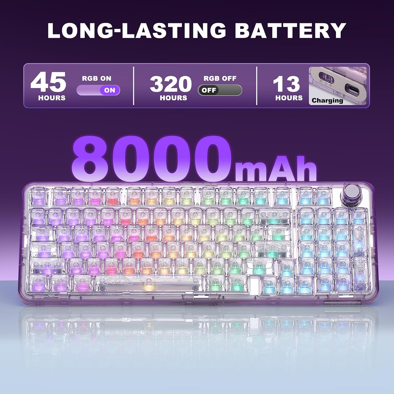 YUNZII X98 QMK/VIA Wireless Mechanical Gaming Keyboard with Knob,Tri-Mode BT5.0/USB-C/2.4GHz Hot Swappable Keyboard,Pre-lubed Switches Gasket Mount RGB Backlit for Wins/Mac (Purple, Snow Switch)