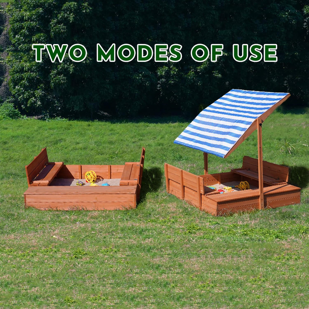 Kids Wooden Outdoor Sandbox with Cover，Sand Boxes with Canopy and Foldable Storage Bench Seats, Sand Table with Protection Bottom Liner,Kids Play Equipment for Outdoor(47X47Inch)