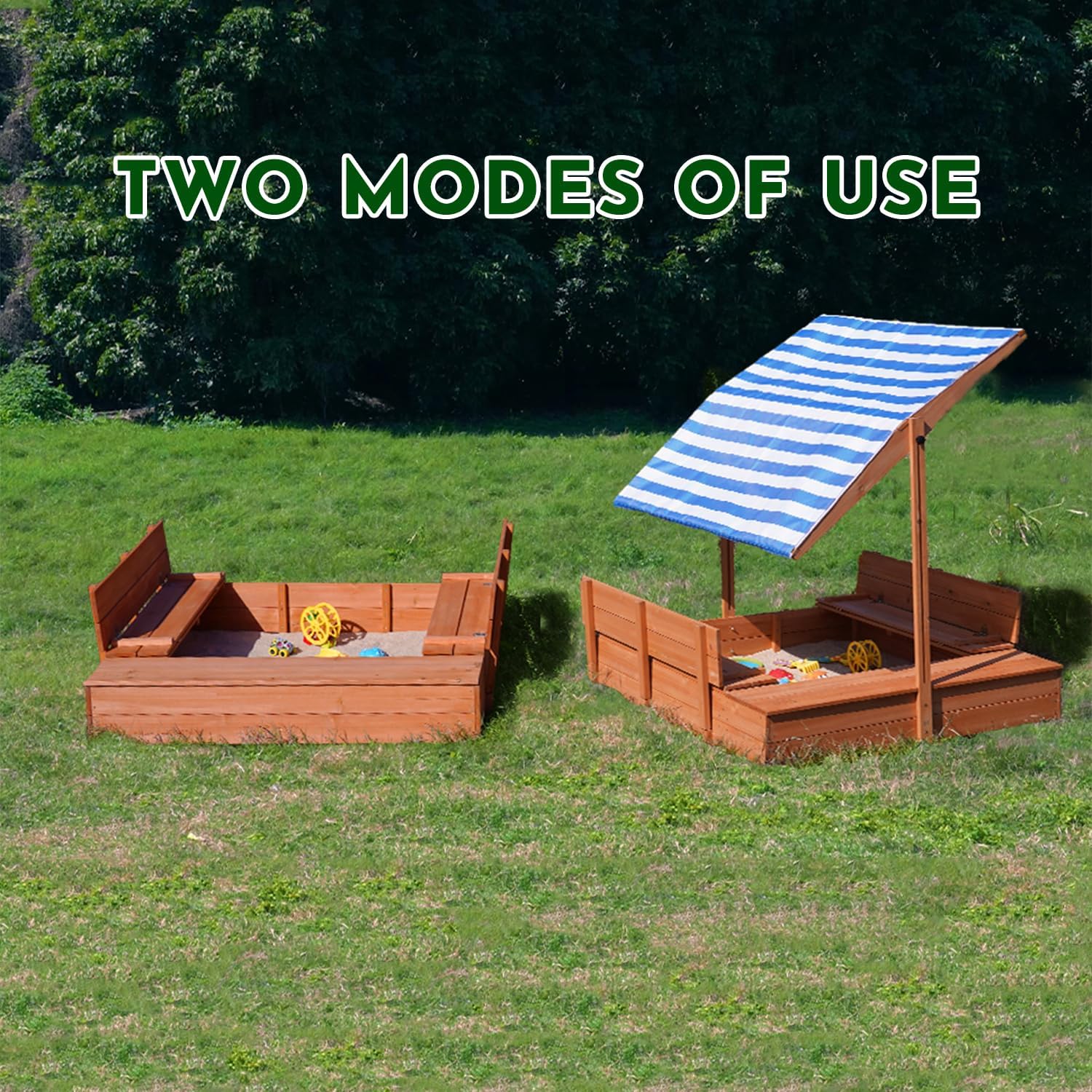 Kids Wooden Outdoor Sandbox with Cover，Sand Boxes with Canopy and Foldable Storage Bench Seats, Sand Table with Protection Bottom Liner,Kids Play Equipment for Outdoor(47X47Inch)
