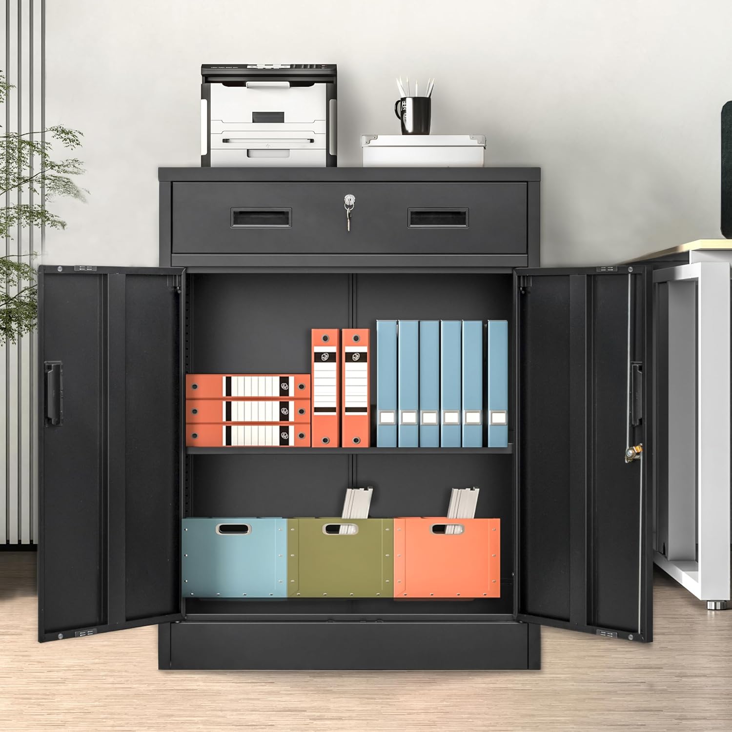 Wanfu Metal Storage Cabinet, Locking Cabinet with 1 Drawer and Adjustable Shelf, 36' H x 28' W x 16' D Metal Cabinets for Office, Garage, Home-Black