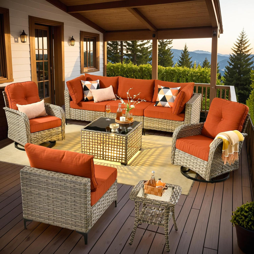 Patio Sectional Outdoor Furniture Set with Swivel Rocking Chairs and Glowing Table,8 Pieces Wicker Conversation Sets Modular Couch Out Door Sofa Outside Furniture for Garden Deck Yard Porch,Orange Red