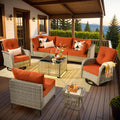 Patio Sectional Outdoor Furniture Set with Swivel Rocking Chairs and Glowing Table,8 Pieces Wicker Conversation Sets Modular Couch Out Door Sofa Outside Furniture for Garden Deck Yard Porch,Orange Red