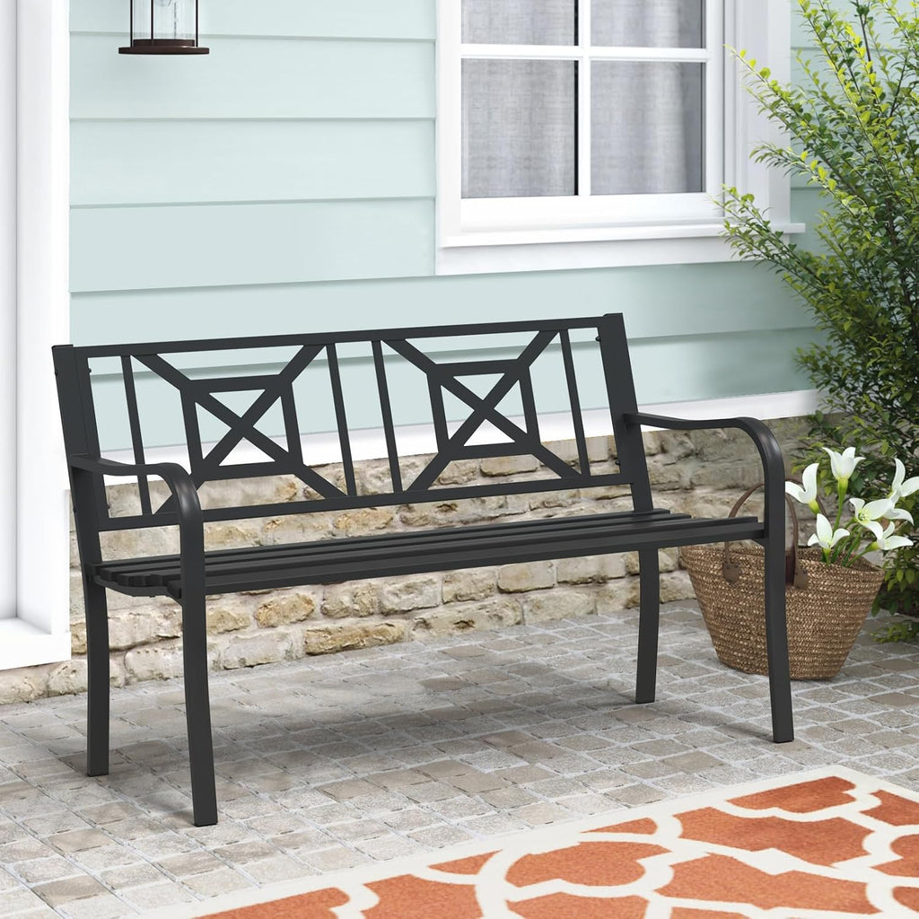 Black Outdoor Bench, Metal Weatherproof Garden Bench Cast Iron Heavy-Duty Patio Bench with Decorative Backrest for Proch Park 880lb Capacity