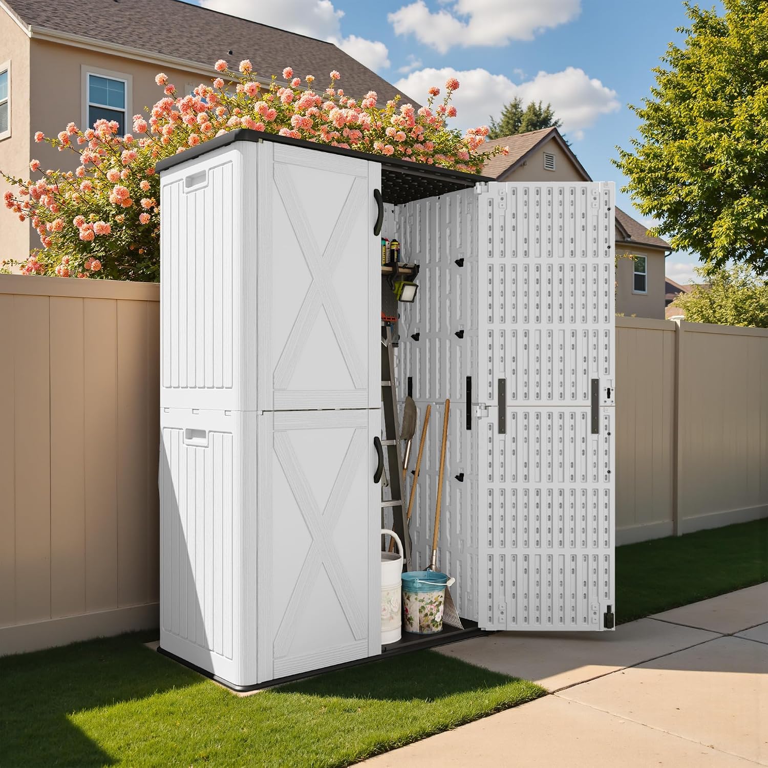 Devoko 50 Cu Ft Plastic Outdoor Storage Shed, Vertical Resin Storage Cabinet with Lockable Door, Durable Storage Shed for Patio Furniture, Pool Toys, Garden Tools, White, Shelf Not Included