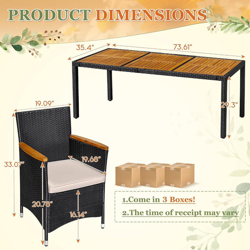 Greesum 9 Pieces Outdoor Patio Dining Set, Conversation Sets with 1 Table and 8 Rattan Chairs with Curved Acacia Wooden Armrests and Cushions, Black