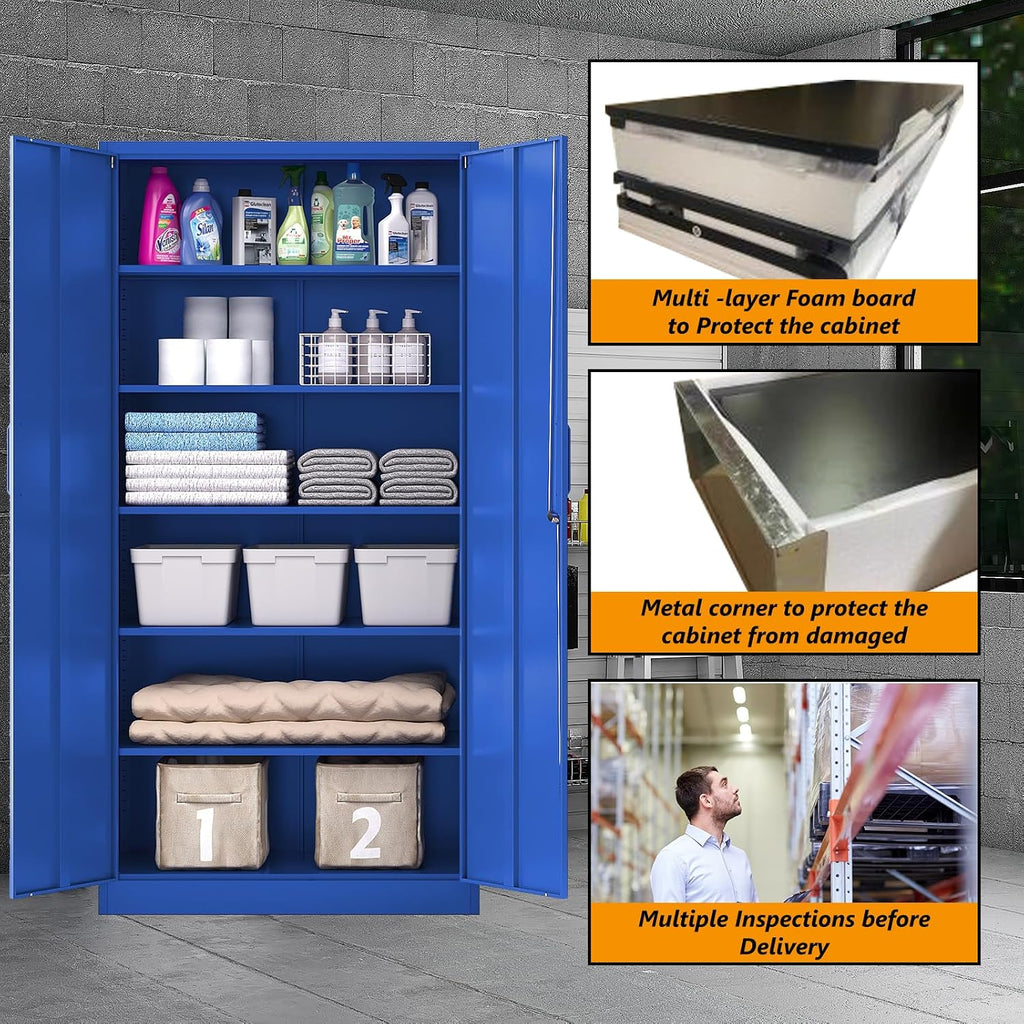 STANI Metal Garage Storage Cabinet with Lock, 71' Steel Lockable File Cabinet, Locking Steel Storage Cabinet with 5 Adjustable Shelves for Home, Office, Garage, Warehouse (Blue, 2 Door - 71' H)