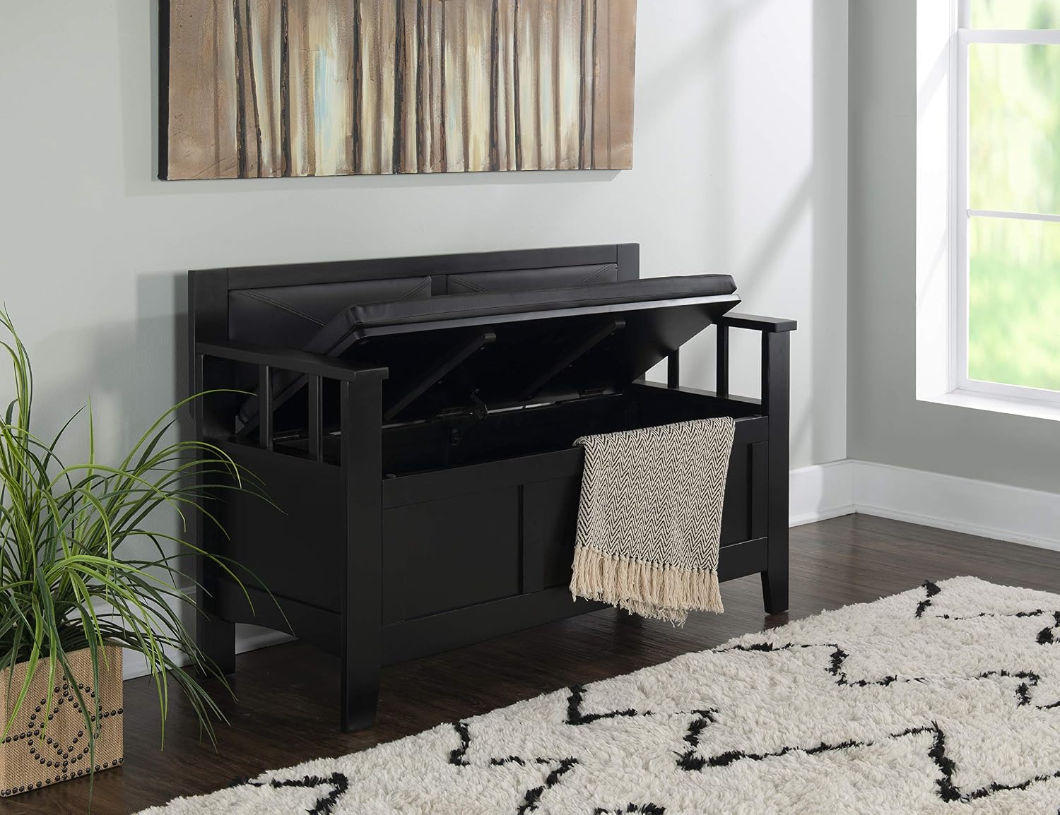 Linon Carlton Padded Bench, 44.5'W x 17'D x 30'H, Black