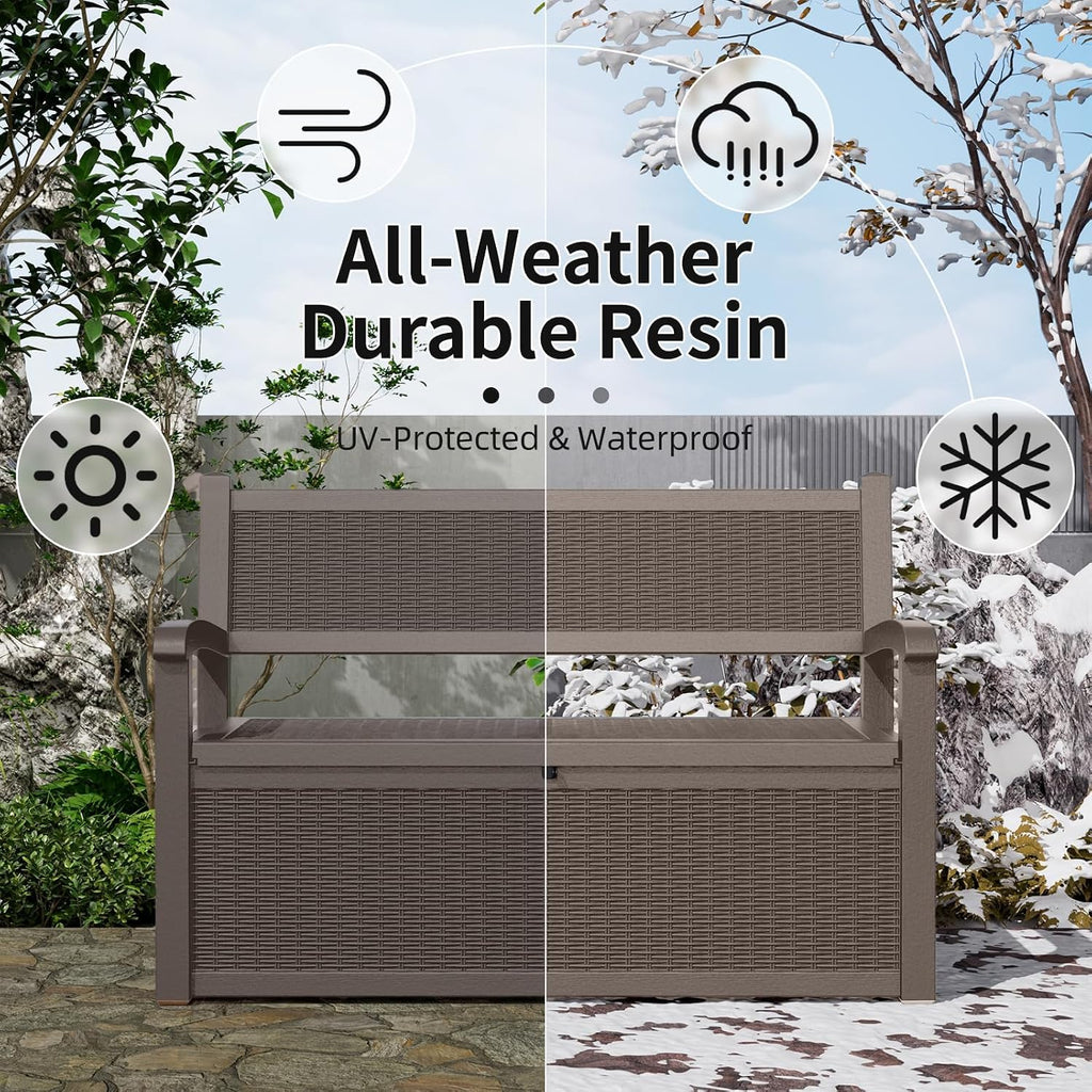 ROJIK 80 Gallon Storage Bench Deck Box Outdoor with Armrests,Storage Furniture Waterproof Lockable for Porch Patio and Garden (Grey)