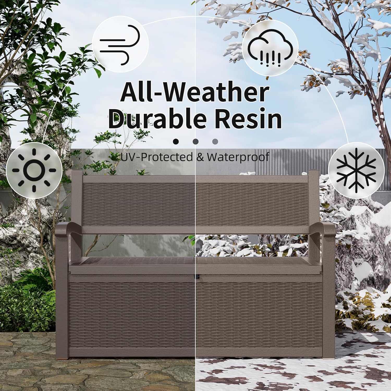 ROJIK 80 Gallon Storage Bench Deck Box Outdoor with Armrests,Storage Furniture Waterproof Lockable for Porch Patio and Garden (Grey)