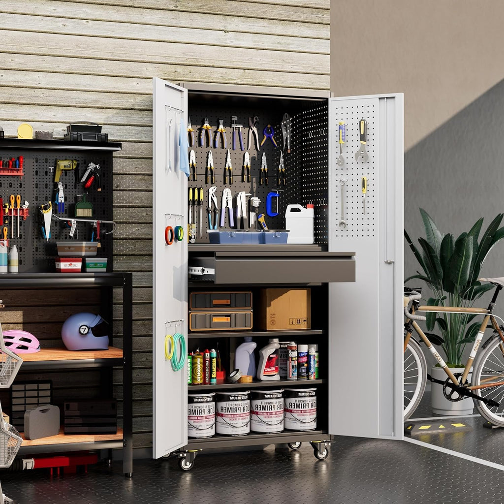 Aobabo Garage Storage Cabinet with Wheels, Metal Storage Cabinet with 1 Drawer for Home, Garage, Assembly Required, Black & Grey