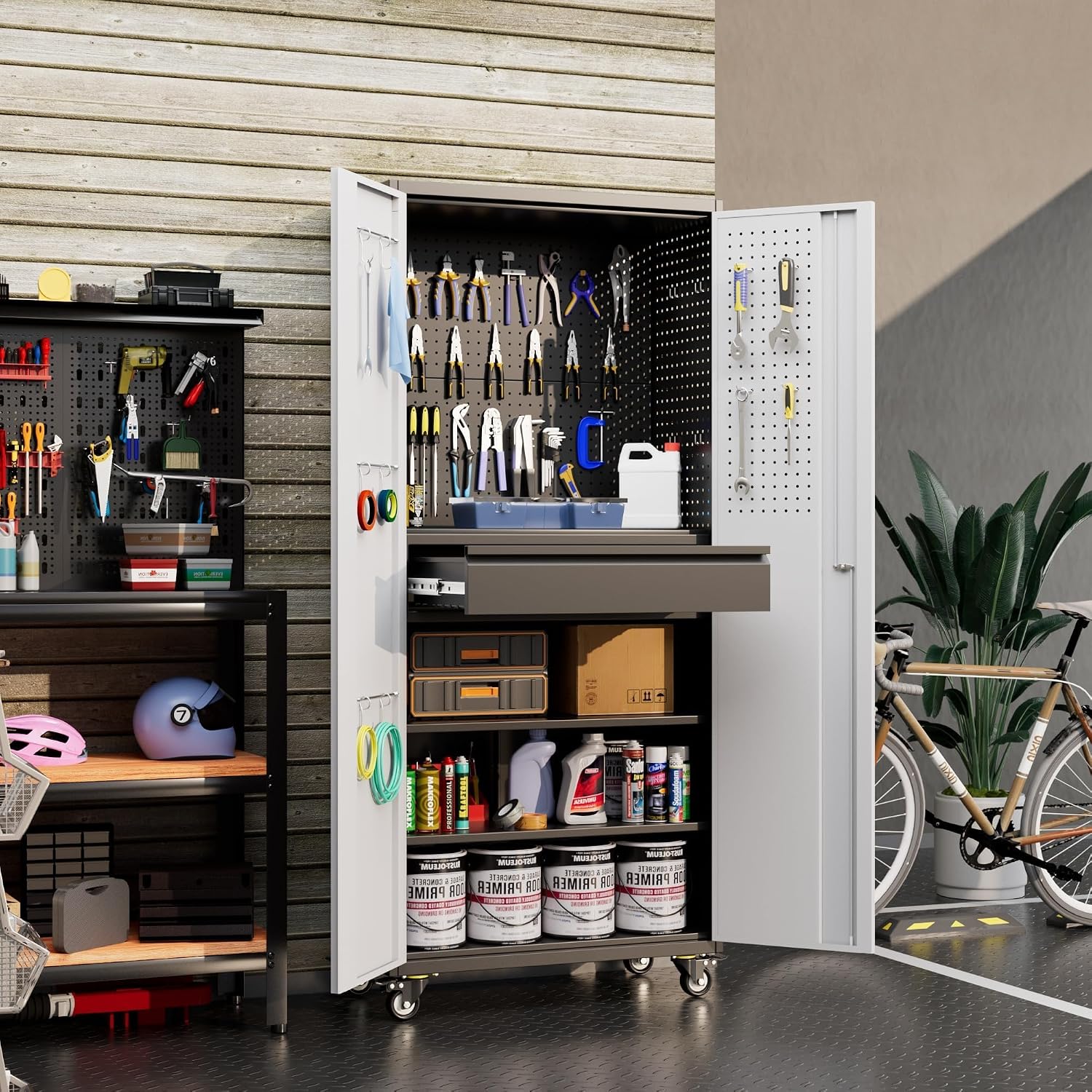 Aobabo Garage Storage Cabinet with Wheels, Metal Storage Cabinet with 1 Drawer for Home, Garage, Assembly Required, Black & Grey