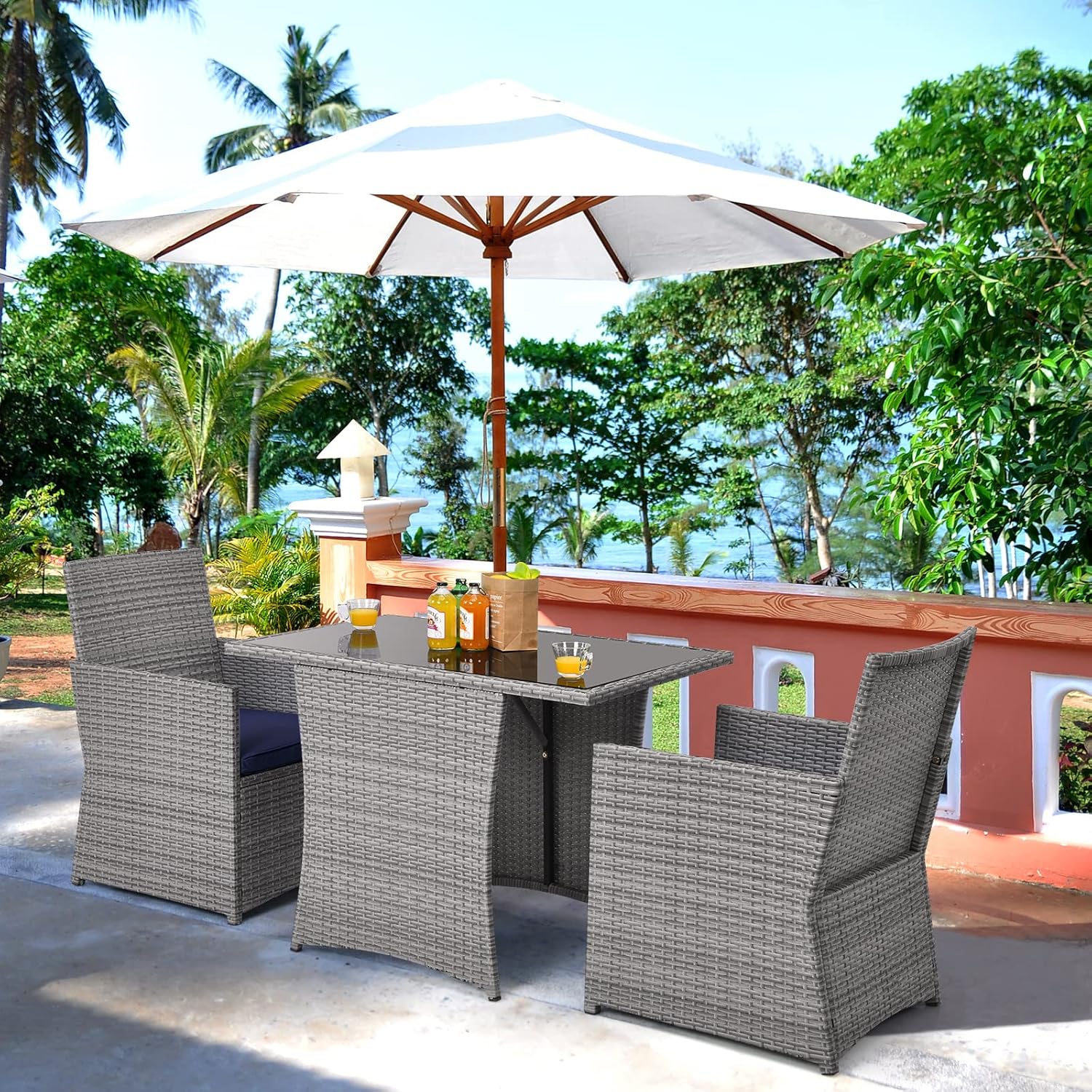 HAPPYGRILL 3 Piece Patio Furniture Set, Outdoor PE Rattan Wicker Bistro Set with Washable Cushions & Tempered Glass Table, for Backyard Porch Garden Balcony Poolside