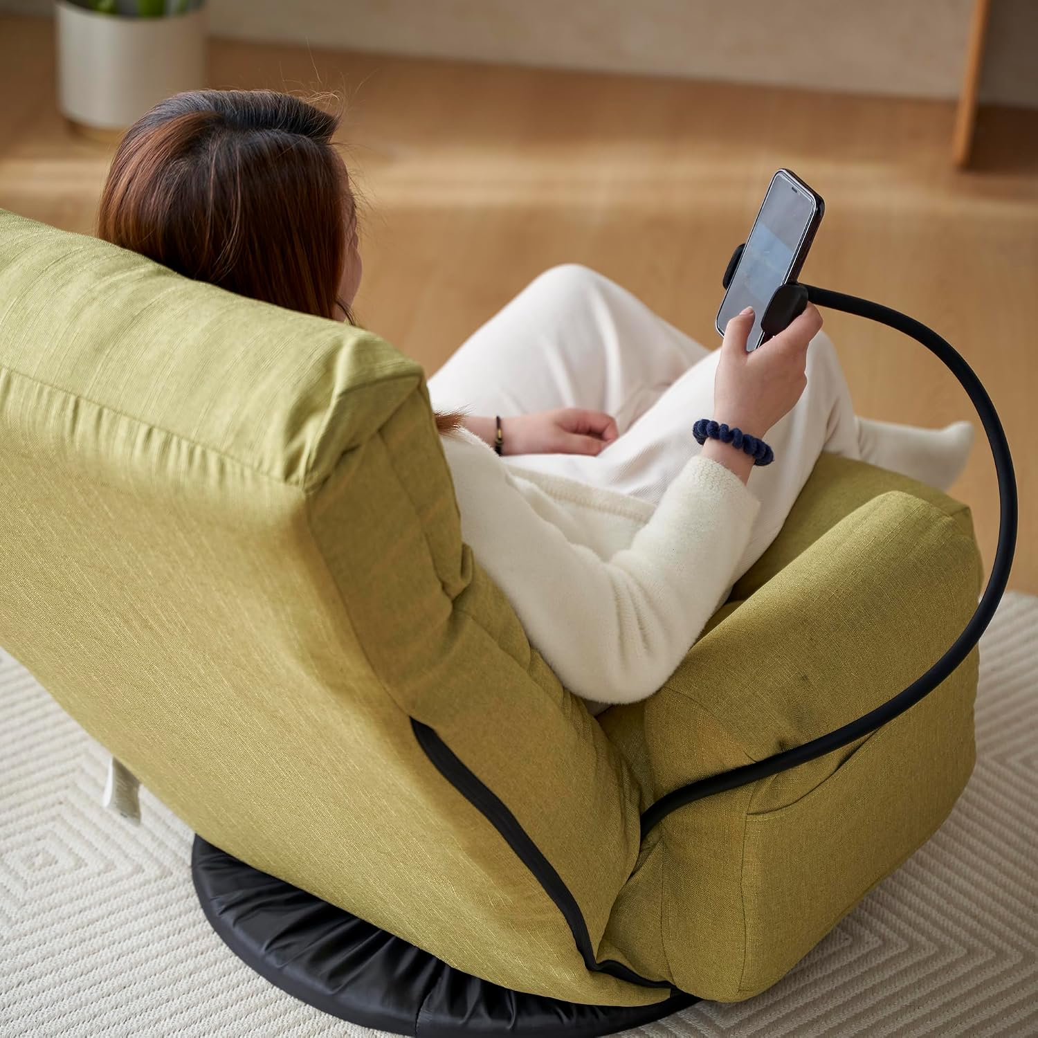 Floor Chair with Back Support, Swivel Gaming Chair with 5 Adjustable Position, Meditation Chair with Phone Holder, Linen Indoor Lounge Chair for Lazy Boys, Living Room, Bedroom, Lounge, Green