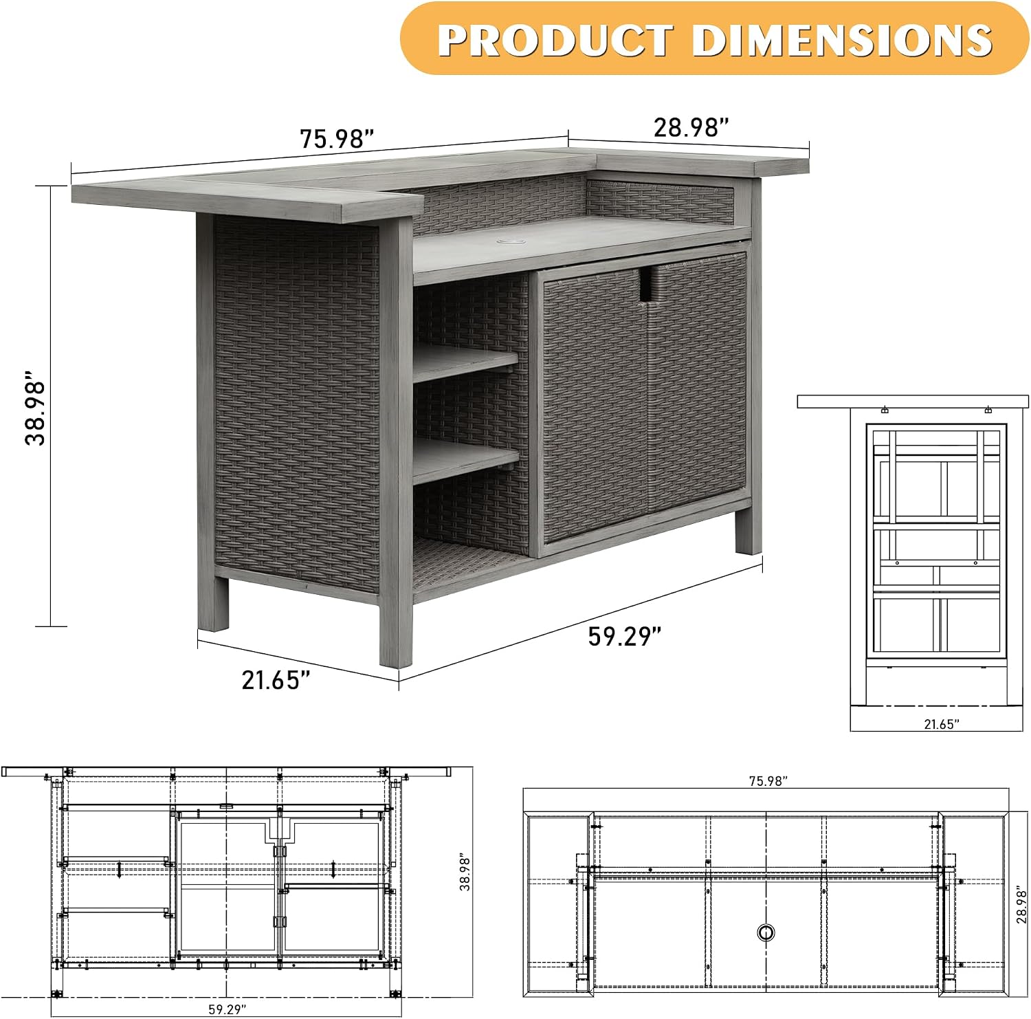 Domi Outdoor Kitchen Bar, Hand-Made Wicker Freestanding Island Home Bar Unit w/Storage Cabinets, Adjustable Shelves, Umbrella Hole, Premium Aluminum Frame, for Patio, Kitchen
