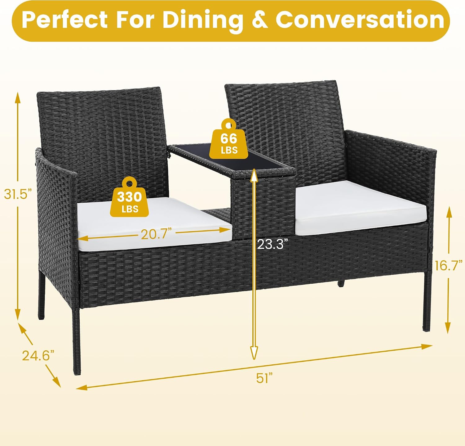 Kromax Wicker 2 Seat Patio Loveseat, Outdoor Rattan Loveseat with Table, Washable Cushion Covers, Backyard, Garden, Lawn, Black Rattan with White Cushion