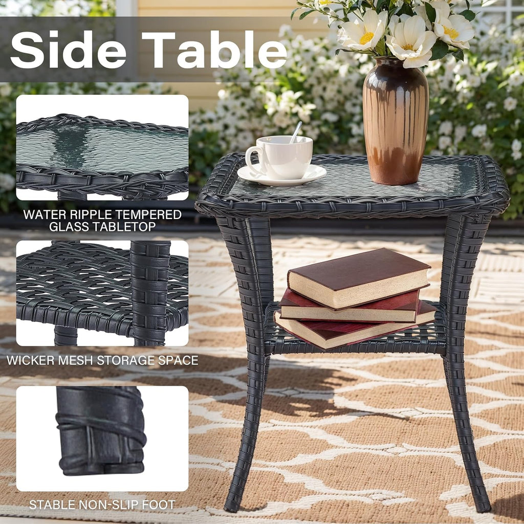 Belord 5 Piece Swivel Rocker Glider Outdoor Chairs Set of 2 with Ottoman and Glass Side Table Patio Bistro Furniture Set, Comfort High Back Wicker Patio Conversation Set for Deck Porch Sunroom