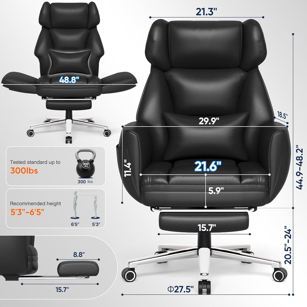 GABRYLLY Ergonomic Chair with Footrest – Wide Cross Legged Chair with Reversible Armrests, 120°Tilt, Lumbar Support,Heavy-Duty Base, Big and Tall Executive Chair Plus, Black, GY82766