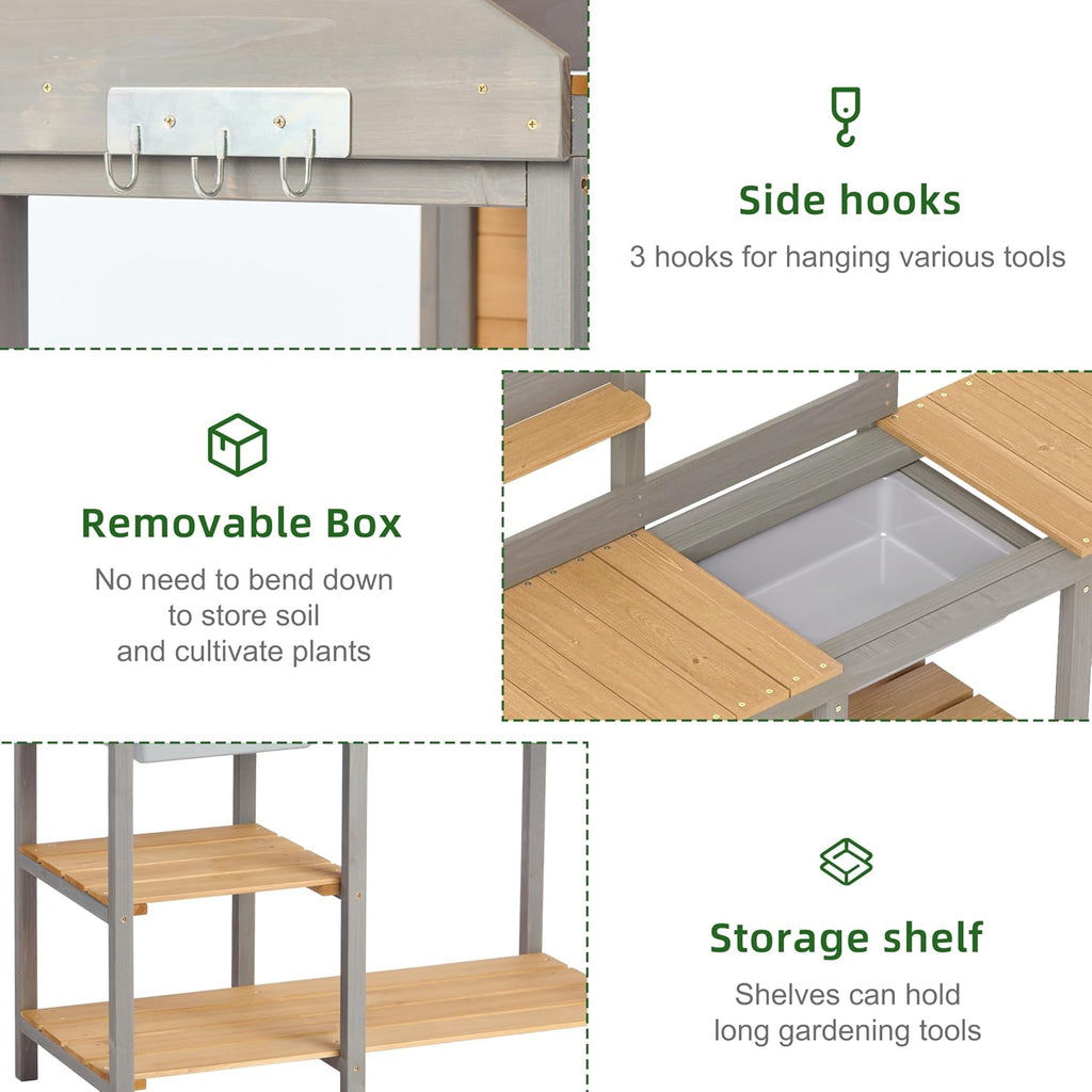 Wooden Potting Bench Table with Sink, Outdoor Garden Table Work Bench with Shelf, Workstation for Outside Patio Lawn