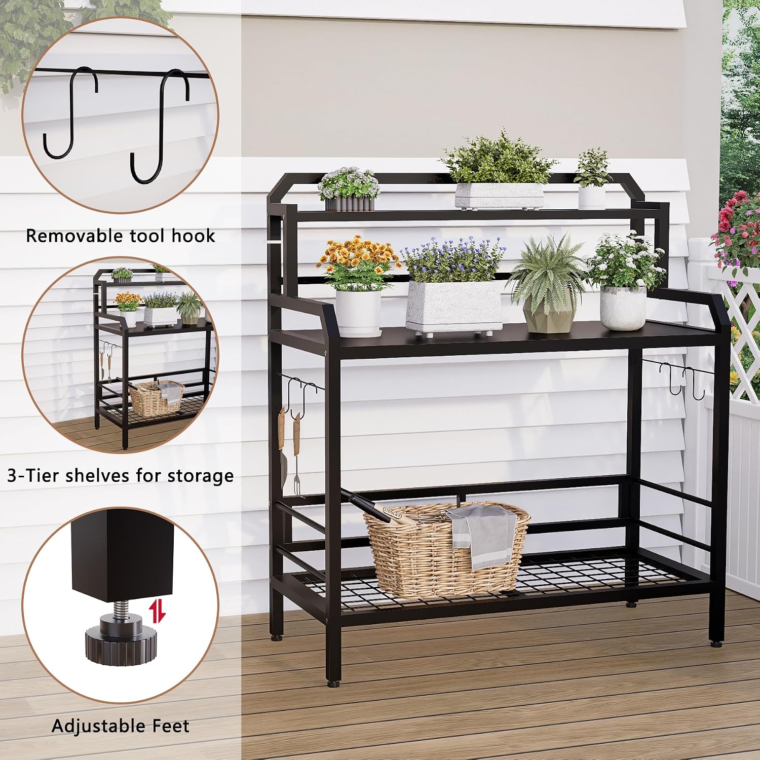 Outdoor Metal Potting Bench Table with Storage,3-Tier Heavy Duty Garden Workbench,All-Weather Gardening Table with 4 Side Hooks,18' D x 39' W x 32' - 47' H,Black