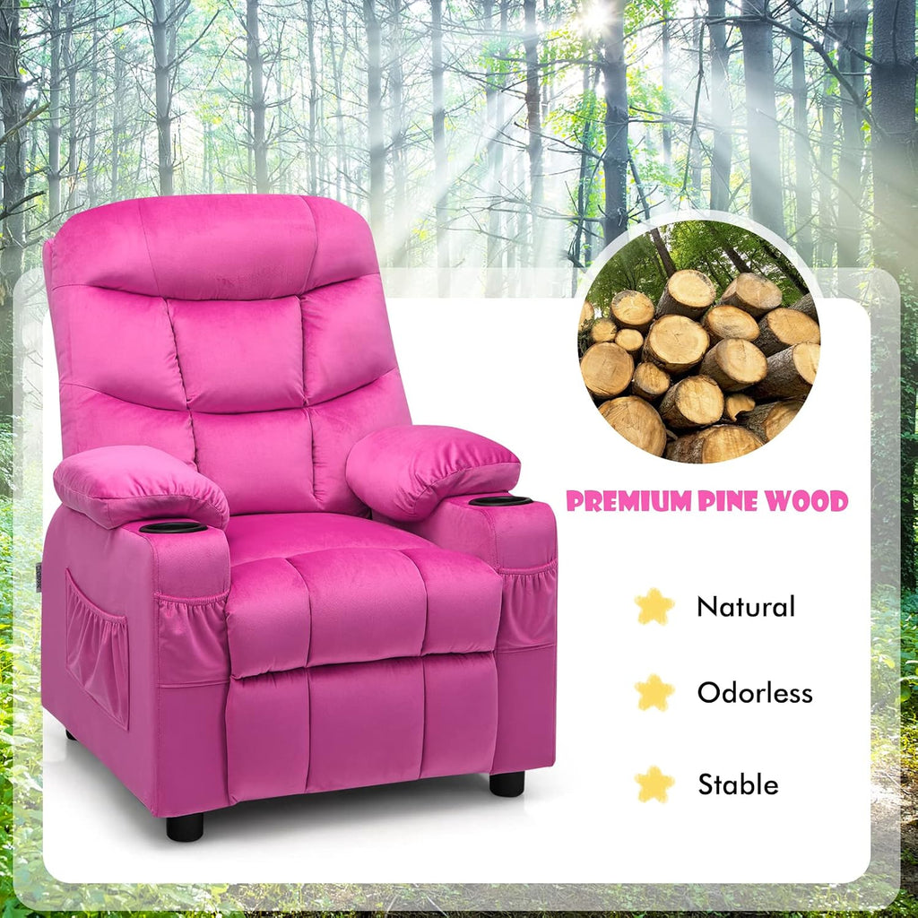 MAT EXPERT Kids Recliner, Velvet Adjustable Reading Chair w/ 2 Cup Holder, 3 Side Pocket Storage & Footrest, Kids Couch Gaming Chair, Toddler Lounge Chair for Boys Girls, Kids Room Playroom (Pink)