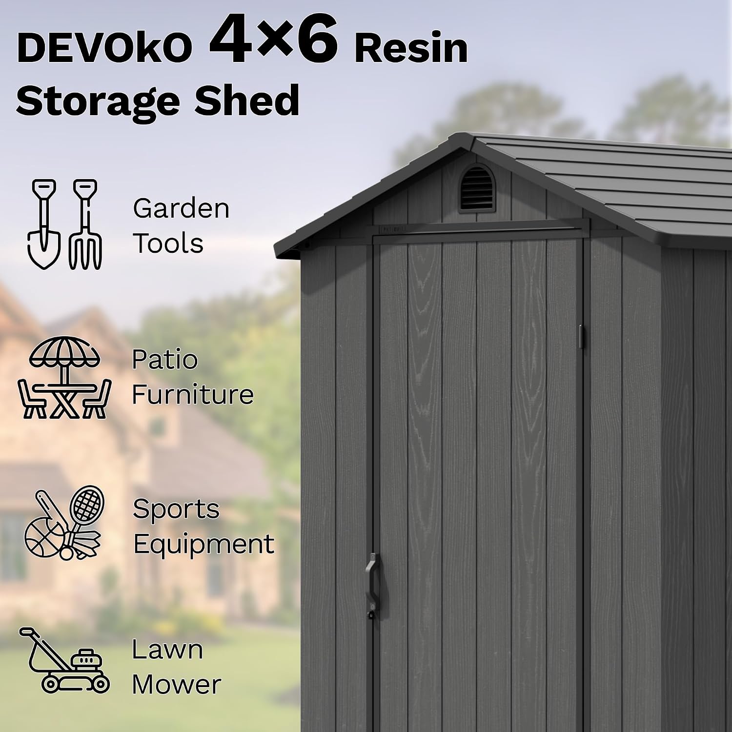 Devoko 4x6 FT Outdoor Storage Plastic Shed, Waterproof Resin Garden Shed with Lockable Door, Floor & Window, All-Weather Tool Shed for Backyard, Patio, Lawn, Poolside, Dark Gray