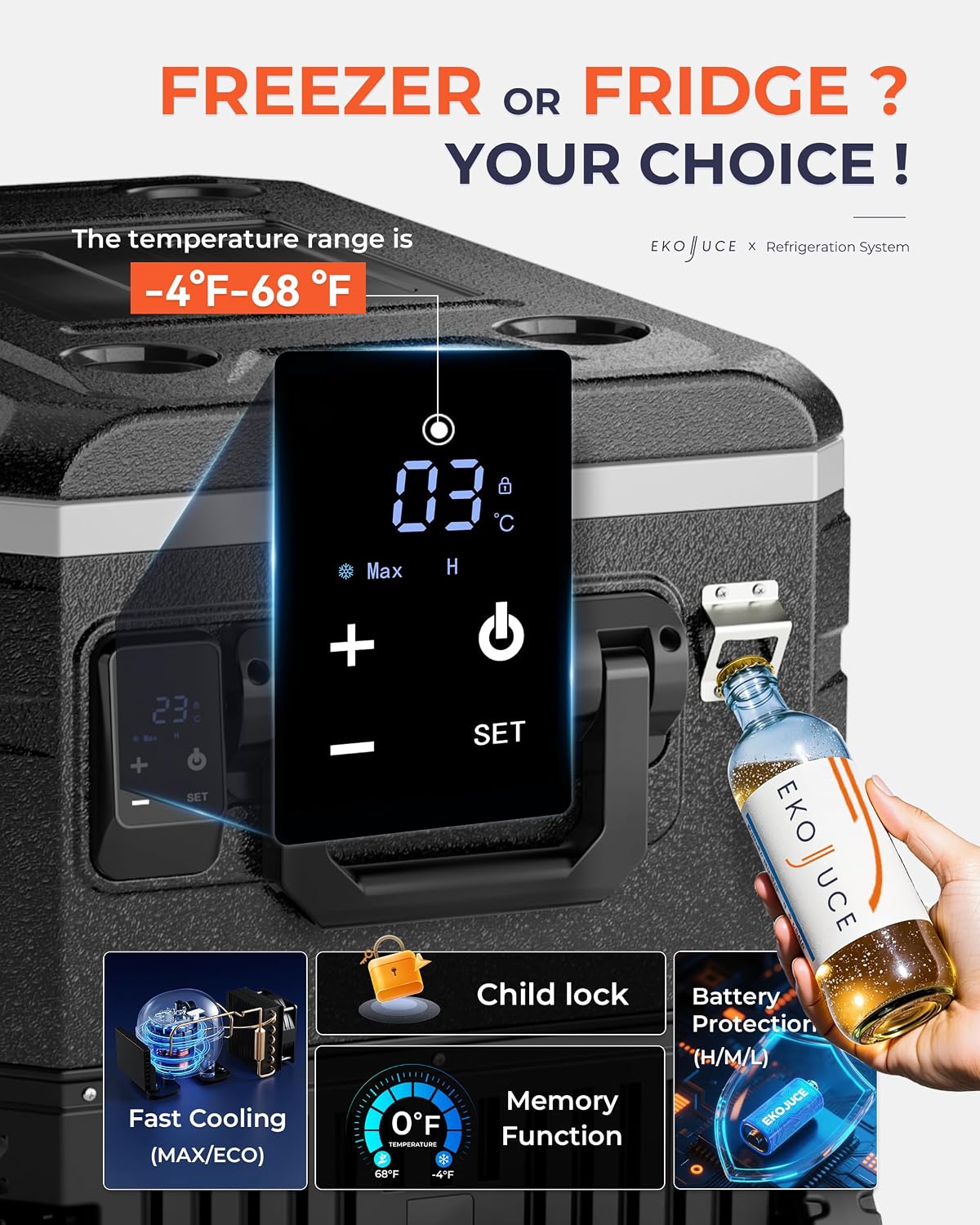 EKOJUCE 12V Refrigerator, 85 Quart Electric Cooler, 12V/24V DC 100~240V AC, 12v cooler -4℉~68℉, Portable Freezer with Wheels for Truck, RV, Camping,Travel