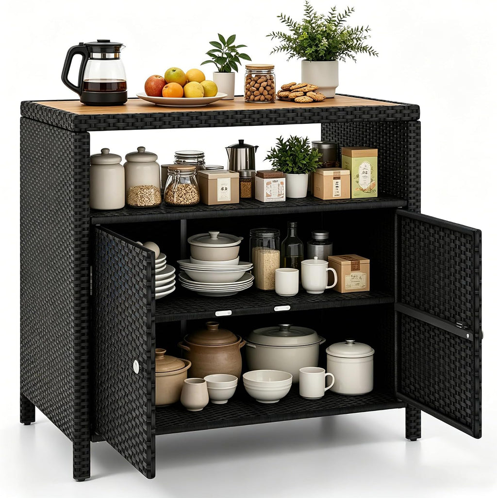 RELAX4LIFE Wicker Outdoor Bar Cabinet - PE Rattan Patio Bar Table w/Acacia Wood Countertop, Open Shelf & 2 Doors, Buffet Sideboard Organizer for Garden Backyard Pool, Outside Storage Cabinet (Black)