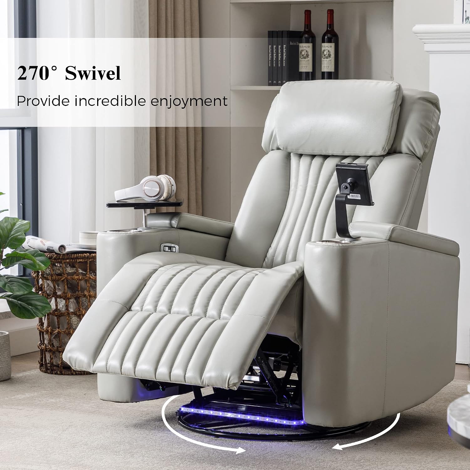 Merax 270 Degrees Power Swivel Recliner,Home Theater Seating with Hidden Arm Storage and LED Light Strip,Cup Holder,360 Degrees Swivel Tray Table,and Cell Phone Holder,Soft Living Room Chair,Grey