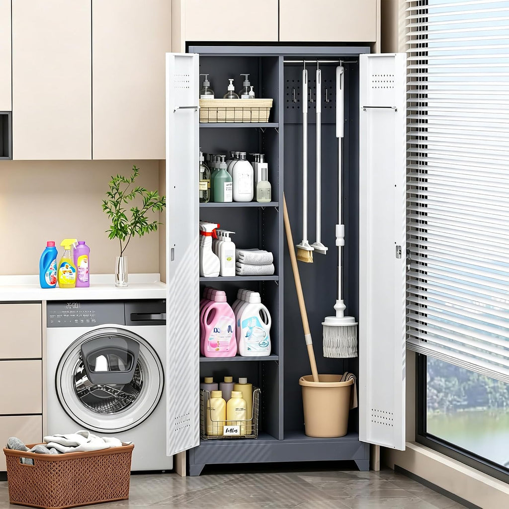 Metal Storage Cabinet 72' Tall, Garage Storage Cabinet with Lockable Doors & Shelves, Utility Broom Closet, Steel Tool Cabinet for Garage, Laundry Room, Home Office, Grey/White