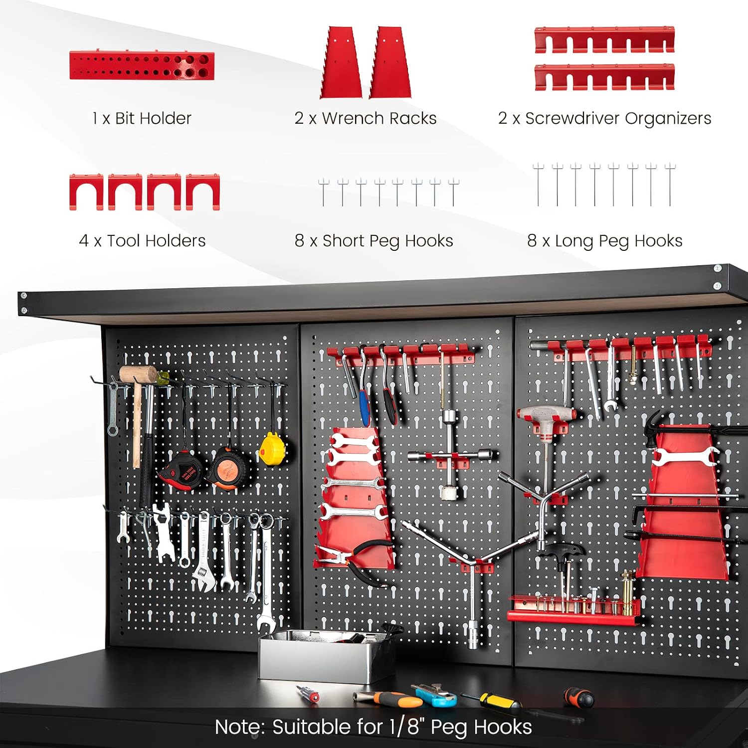Goplus Work Bench with Storage, 48' x 24' Work Table with Pegboard, 2 Drawers, Hanging Accessories, Topping Space, 4-Tier Heavy Duty Metal Tool Storage Bench, Workbench for Garage, Workshop