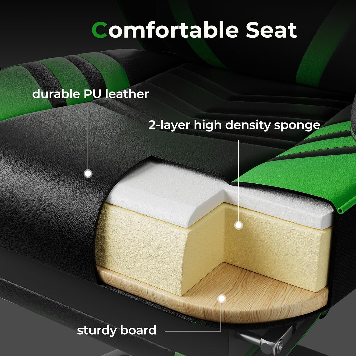 POWERSTONE Gaming Chair Video Game Chair with Footrest and Lumbar Support Racing Style PU Leather Computer Chair Ergonomic Adjustable Swivel Task Chair Green