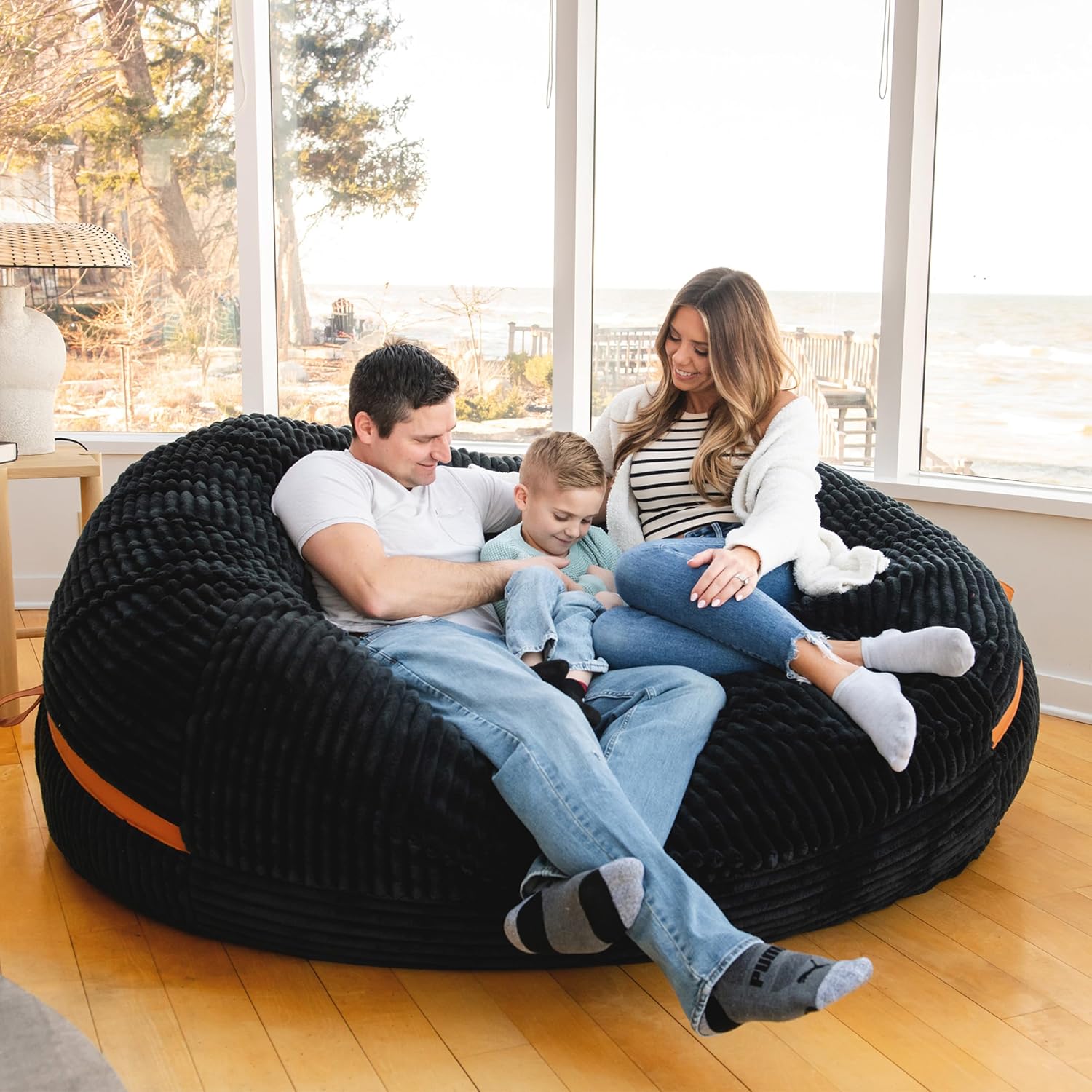 Big Joe Fuf 8Ft Giant Foam Bean Bag Chair, Oversized Couch with Removable Cover for Kids, Teens, Adults, Black Licorice Corded Plush, 8 Foot